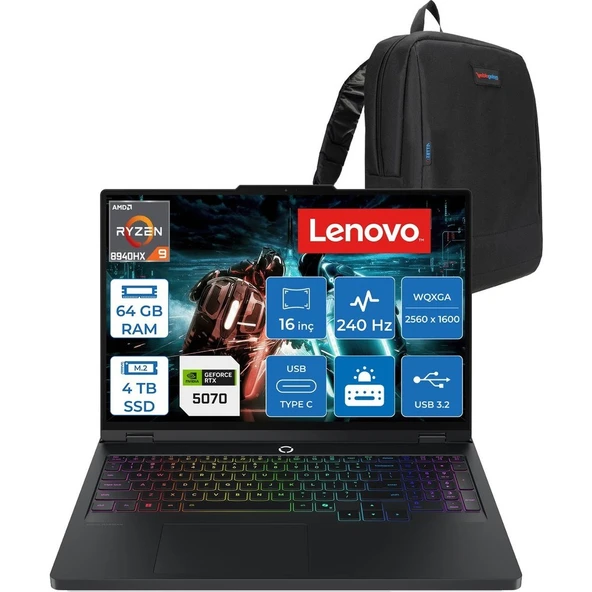 Lenovo Legion Pro 5 Amd Ryzen 9 8940HX 64GB 4tb SSD 8GB/RTX5070/115W 16" Wqxga (2560X1600) IPS 500NITS 240Hz Freedos Gaming Bilgisayar L83LT003STRF24 + Zettaçanta ürün görseli 1