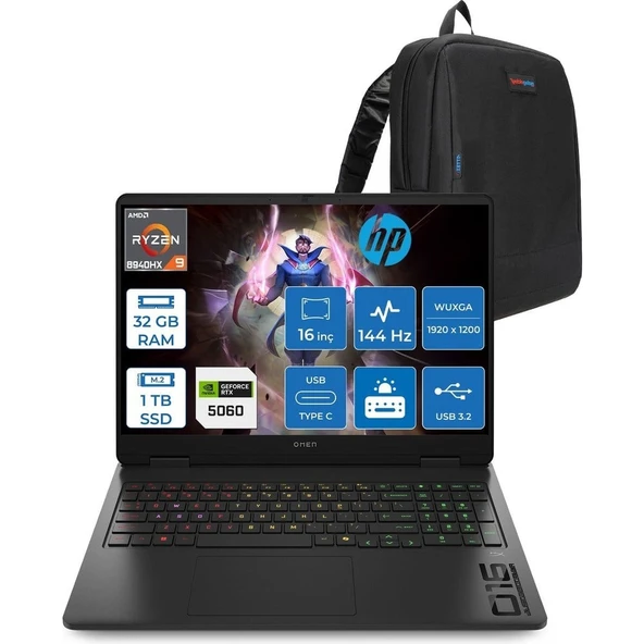 HP Omen Amd Ryzen 9 8940HX 32GB 1tb SSD 8GB/RTX5060/130W 16" Wuxga 144Hz 300NITS %62,5 Srgb Windows 11 Pro Gaming Bilgisayar C39JFEAP10 + Zettaçanta ürün görseli 1