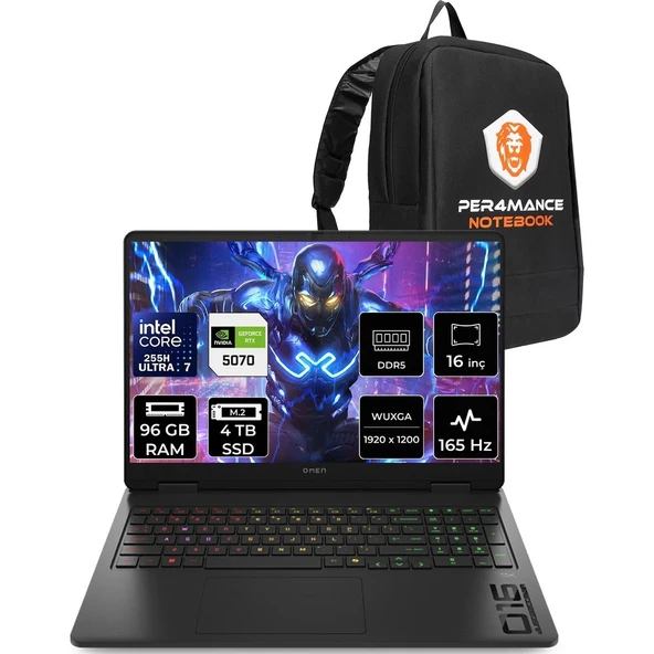 HP Omen 16 Core Ultra 7 255H RTX 5070 8GB 96GB RAM 4TB SSD 16" FHD+ 165Hz FreeDOS BQ1Y6EAPN345 Gaming Laptop + Per4 Çanta ürün görseli 1