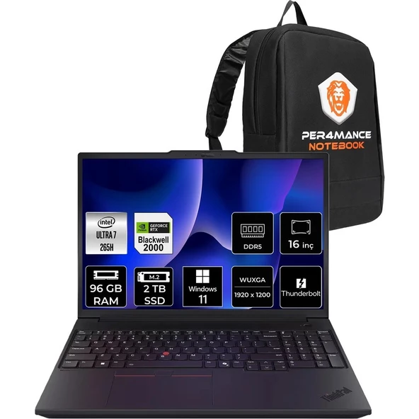 Lenovo Thinkpad P16V Gen 3 Core Ultra 7 265H İş İstasyonu 96GB RAM 2TB SSD 16" FHD+ Win11 Pro + Per4 USB 21RTS1EA00P460 ürün görseli 1