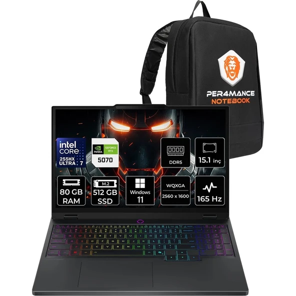 Lenovo Legion 5 Core Ultra 7 255HX RTX 5070 8GB 80GB RAM 512GB SSD 15.1" QHD+ 165Hz Win11 Pro 83F0008BTRP464 Gaming Laptop + Per4 Çanta ürün görseli 1