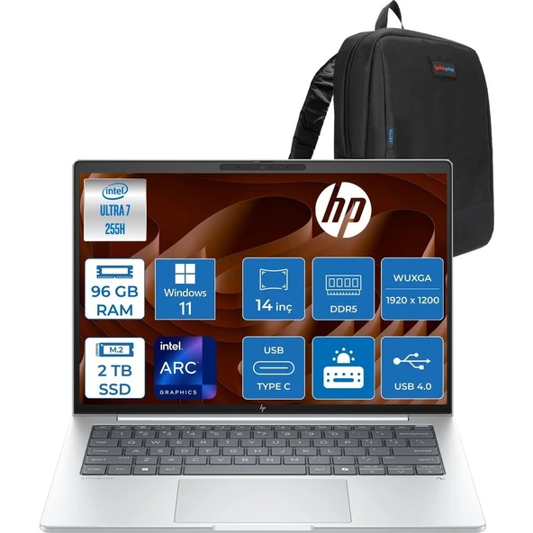 HP Elitebook 8G1I Intel Ultra7 255H 96GB Ddr5 2tb SSD Intel® Arc™ 140T Gpu Wuxga (1920X1200) IPS 300NIT WIN11PRO Taşınabilir Bilgisayar AD3S5ETP34+ZETTAÇANTA ürün görseli 1