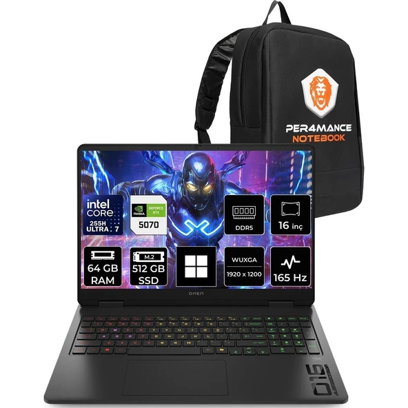 HP Omen 16 Core Ultra 7 255H RTX 5070 8GB 64GB RAM 512GB SSD 16" FHD+ 165Hz Win11 Pro BQ1Y6EAPN432 Gaming Laptop + Per4 Çanta ürün görseli 1