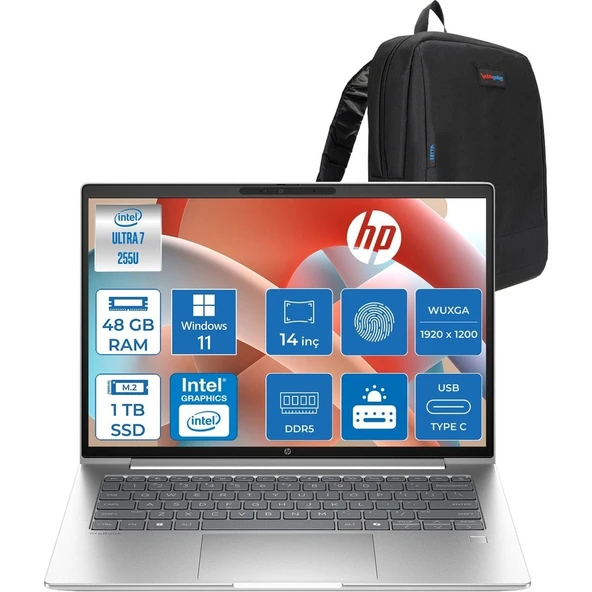 HP Probook 4 G1I Intel Ultra7 255U 48GB Ddr5 1tb SSD 14 Inch Intel® Grafik Gpu Wuxga (1920X1200) IPS 300NIT WIN11PRO Taşınabilir Bilgisayar D21PDETP18+ZETTAÇANTA ürün görseli 1