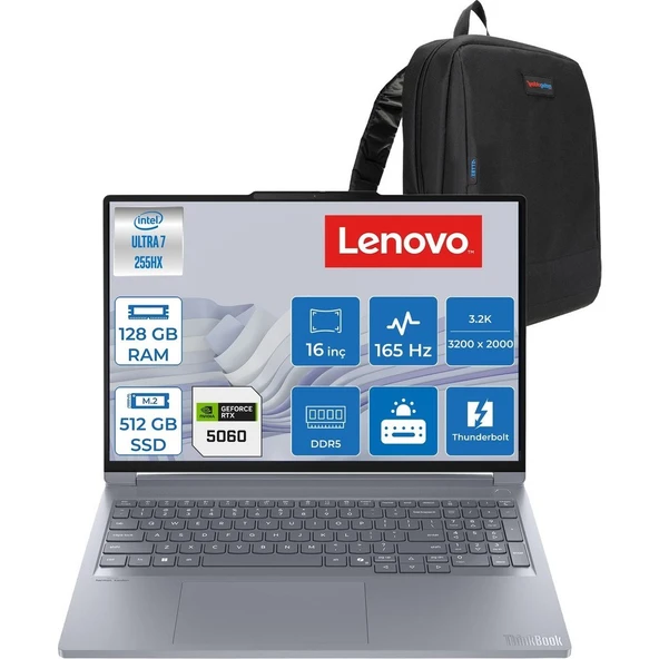 Lenovo Thinkbook 16P G6 Intel Ultra 7 255HX 128GB 512GB SSD 8GB/RTX5060/115W 16" 3.2k (3200X2000) IPS 165hz 500NITS X-Rite WIN11PRO Kurumsal Iş Bilgisayarı 21R0001GTXP41 + Zettaçanta ürün görseli 1