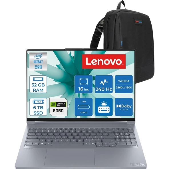 Lenovo Thinkbook 16P Iax Intel Core Ultra 7 255HX 32GB Ddr5 Ram 6tb SSD RTX5060 8gb 115W Freedos 16" Wqxga (2560X1600) IPS 500NITS 240Hz Laptop T21R0001LTXF17 + Zetta Çanta ürün görseli 1