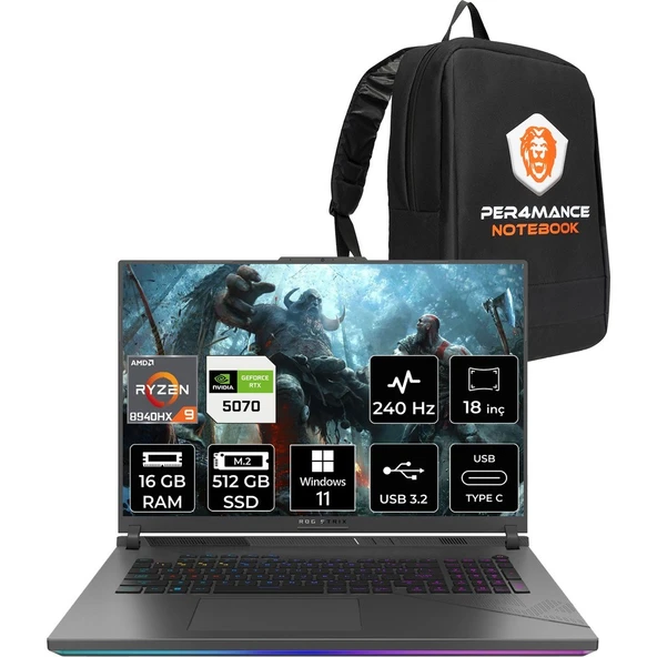 Asus Rog Strix G18 Ryzen 9 8940HX RTX 5070 8GB Gaming Laptop 16GB RAM 512GB SSD 18" QHD+ 240Hz Win11 Pro + Per4 Çanta G814PPS9002P387 ürün görseli 1