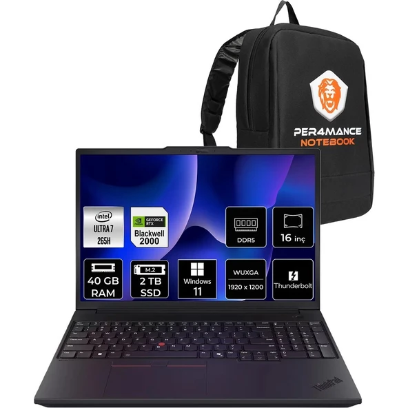 Lenovo Thinkpad P16V Gen 3 Core Ultra 7 265H İş İstasyonu 40GB RAM 2TB SSD 16" FHD+ Win11 Pro + Per4 USB 21RTS1EA00P436 ürün görseli 1