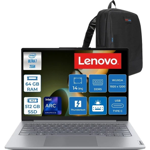 Lenovo Thinkbook 14 Gen8 Ial Intel Core Ultra 7 255H 5.1ghz 64GB Ddr5 512GB SSD Freedos Intel Arc 140T 14 Inç Wuxga (1920 x 1200) IPS 300NITS Taşınabilir Bilgisayar 21SJ007ATXF37 + Zetta Çanta ürün görseli 1