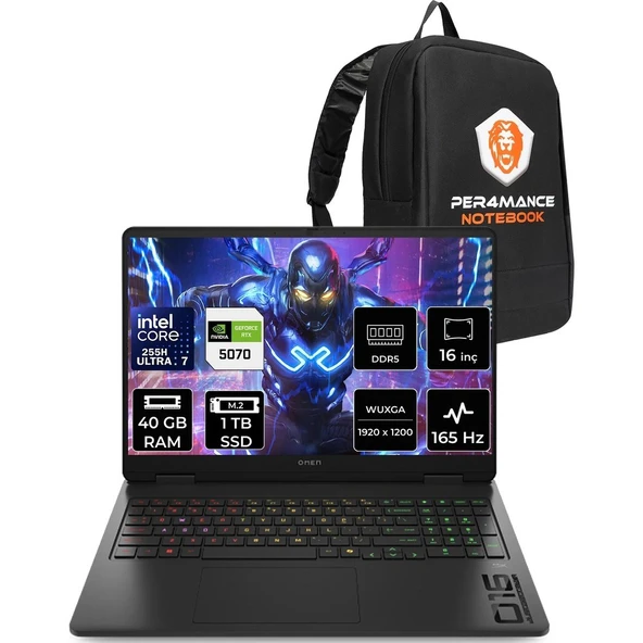 HP Omen 16 Core Ultra 7 255H RTX 5070 8GB 40GB RAM 1TB SSD 16" FHD+ 165Hz FreeDOS BQ1Y6EAPN323 Gaming Laptop + Per4 Çanta ürün görseli 1