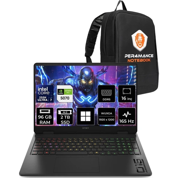 HP Omen 16 Core Ultra 7 255H RTX 5070 8GB 96GB RAM 2TB SSD 16" FHD+ 165Hz Win11 Pro BQ1Y6EAPN444 Gaming Laptop + Per4 Çanta ürün görseli 1