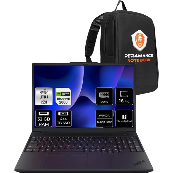 Lenovo Thinkpad P16V Gen 3 Core Ultra 7 265H İş İstasyonu 32GB RAM 4TB SSD 16" FHD+ FreeDOS + Per4 USB 21RTS1EA00P324 ürün görseli 1