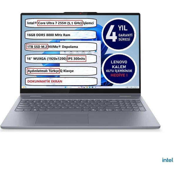 Lenovo Ideapad 5 2 In 1 16IAL10 Intel® Core Ultra 7 255H 16GB 1tb SSD 16" Touch 83KS002ATR Freedos Dokunmatik Bilgisayar ürün görseli 1