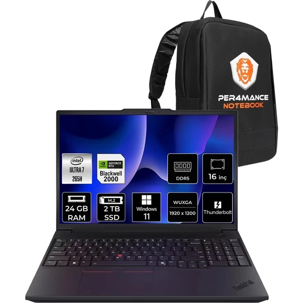 Lenovo Thinkpad P16V Gen 3 Core Ultra 7 265H İş İstasyonu 24GB RAM 2TB SSD 16" FHD+ Win11 Pro + Per4 USB 21RTS1EA00P424 ürün görseli 1