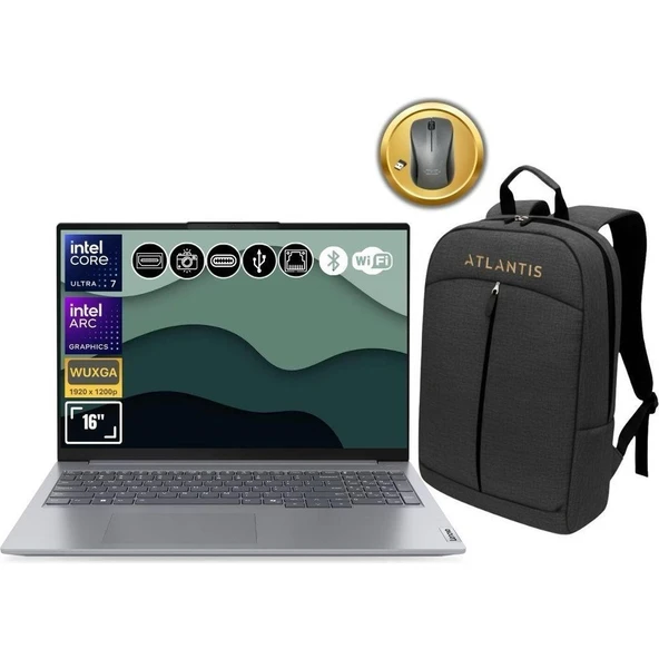 Lenovo Thinkbook 21MS008RTR ATL142 ULTRA7-155H 32GB Ram 512GB SSD Wuxga 16" Fdos Notebook+Çanta&mouse ürün görseli 1