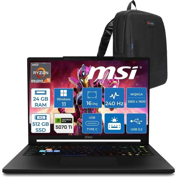 MSI Msı Raider 16 Hx B8WH-011TR Ryzen 9 8940HX Aı 24GB Ddr5 512GB SSD 12GB/RTX5070Tİ 140W 16" QHD+(2560X1600), 240Hz IPS 100% Dcı-P3 WINDOWS11PRO Gaming Laptop MSW011TRP01+ZETTAÇANTA ürün görseli 1