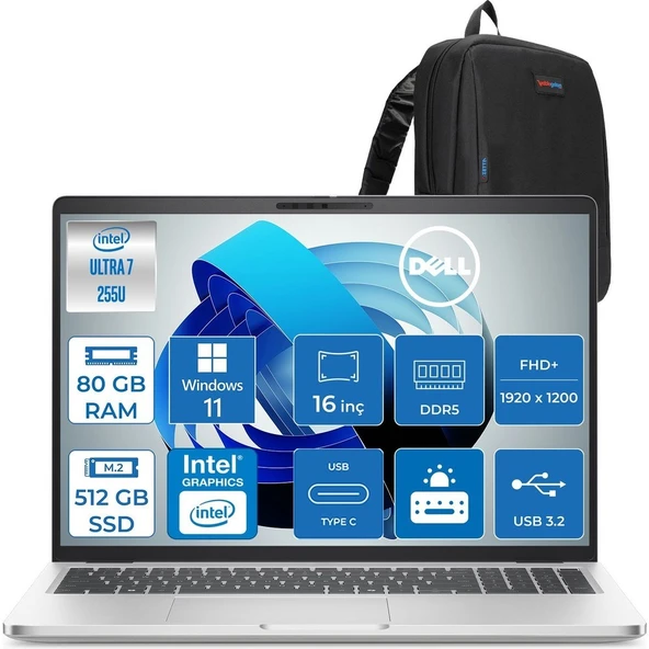 Dell Pro 16 Plus Intel Core Ultra 7 255U 5.2ghz 80GB Ddr5 512GB SSD Windows 11 Home Intel® Aı Boost 16 Inç IPS Fullhd+ (1920X1200) Taşınabilir Bilgisayar PB16250BTO105H32 + Zetta Çanta ürün görseli 1