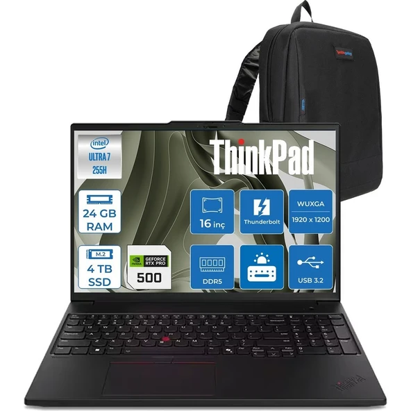 Lenovo Thinkpad P16S Gen4 Intel Core Ultra 7 255H 24GB 4tb SSD 6GB/RTXPRO500 Blackwell 16" Wuxga IPS 400NITS 60Hz Wi-Fi7 Windows 11 Home Taşınabilir Iş Istasyonu 21QV000YTXH08 + Zettaçanta ürün görseli 1