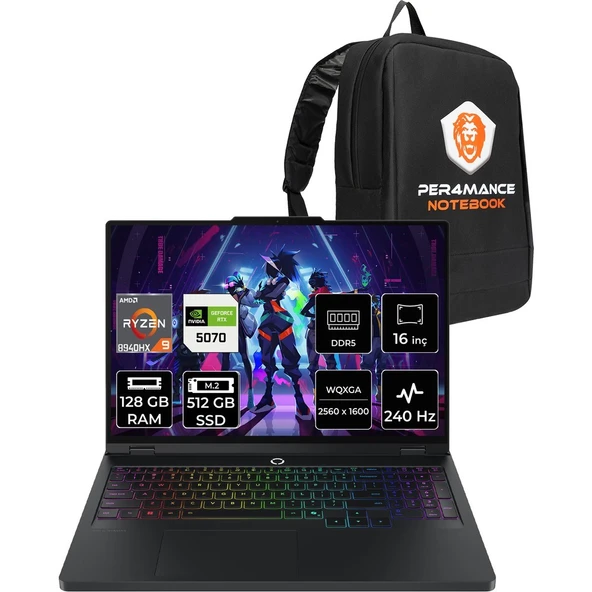 Lenovo Legion Pro 5 Ryzen 9 8940HX RTX 5070 8GB Gaming Laptop 128GB RAM 512GB SSD 16" QHD+ 240Hz FreeDOS + Per4 Çanta 83LT0046TRP356 ürün görseli 1