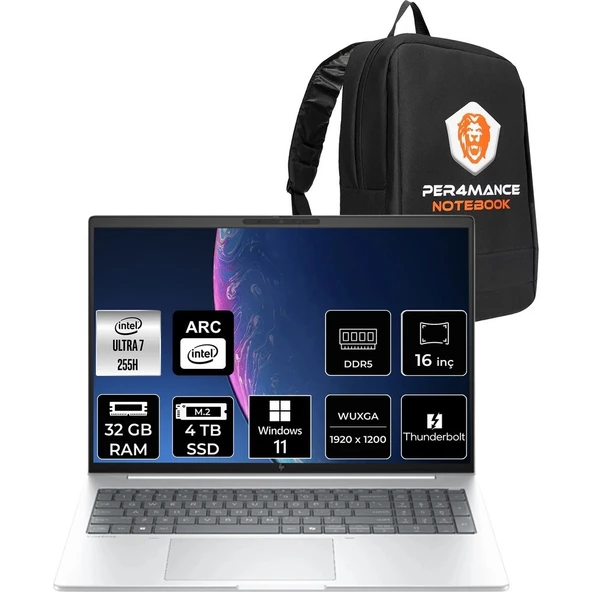 HP Elitebook 8 Aı G1I Core Ultra 7 255H 32GB RAM 4TB SSD 16" FHD+ Win11 Pro AD3T0ETPN420 Notebook + Per4 Çanta ürün görseli 1