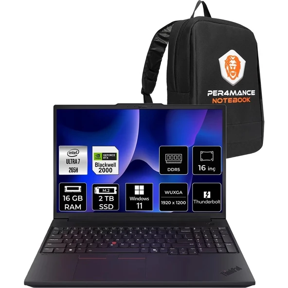 Lenovo Thinkpad P16V Gen 3 Core Ultra 7 265H İş İstasyonu 16GB RAM 2TB SSD 16" FHD+ Win11 Pro + Per4 USB 21RTS1EA00P418 ürün görseli 1