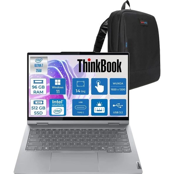 Lenovo Thinkbook 14 2-In-1 G5 Iau Intel Core Ultra 7 255U 96GB Ddr5 512GB SSD Windows 11 Pro Dokunmatik 14 Inç Wuxga (1920 x 1200) IPS 300NITS NP21SQ002TTXP51 + Zetta Çanta ürün görseli 1