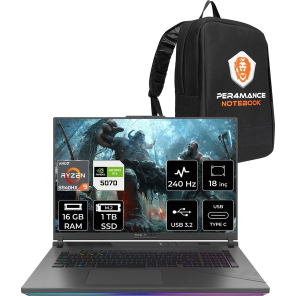 Asus Rog Strix G18 Ryzen 9 8940HX RTX 5070 8GB Gaming Laptop 16GB RAM 1TB SSD 18" QHD+ 240Hz FreeDOS + Per4 Çanta G814PPS9002P308 ürün görseli 1