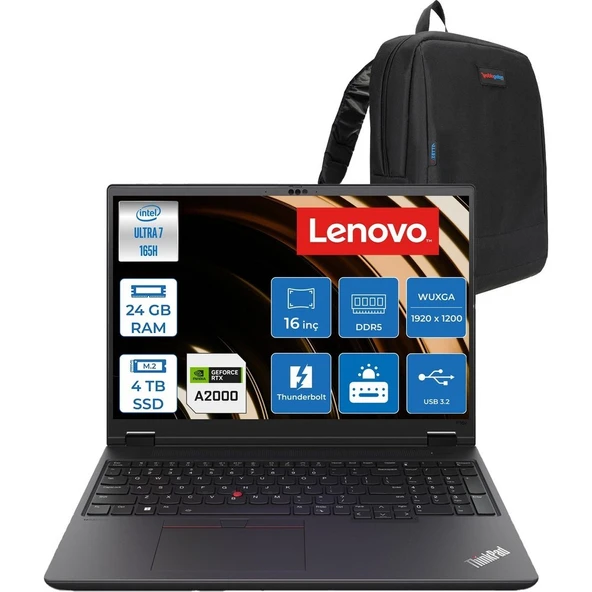 Lenovo Thinkpad P16V Gen 2 Intel Core Ultra 7 165H 24GB 4tb SSD 8GB/RTX2000/GDDR6 16" Wuxga IPS 400NITS Freedos Taşınabilir Iş Istasyonu 21KX001MTXF08 + Zettaçanta ürün görseli 1