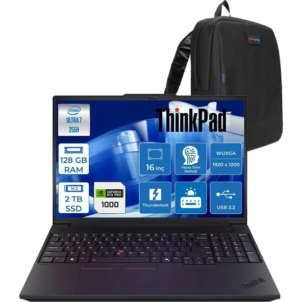 Lenovo Thinkpad P16V Gen3 Intel Core Ultra 7 255H 128GB 2tb SSD 8GB/RTXPRO1000 Blackwell 16" Wuxga IPS 400NITS Freedos Taşınabilir Iş Istasyonu 21RS0006TXF43 + Zettaçanta ürün görseli 1