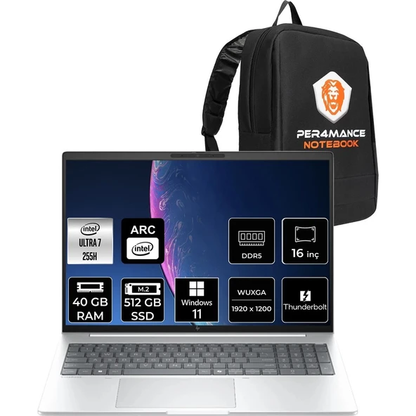 HP Elitebook 8 Aı G1I Core Ultra 7 255H 40GB RAM 512GB SSD 16" FHD+ Win11 Pro AD3T0ETPN422 Notebook + Per4 Çanta ürün görseli 1