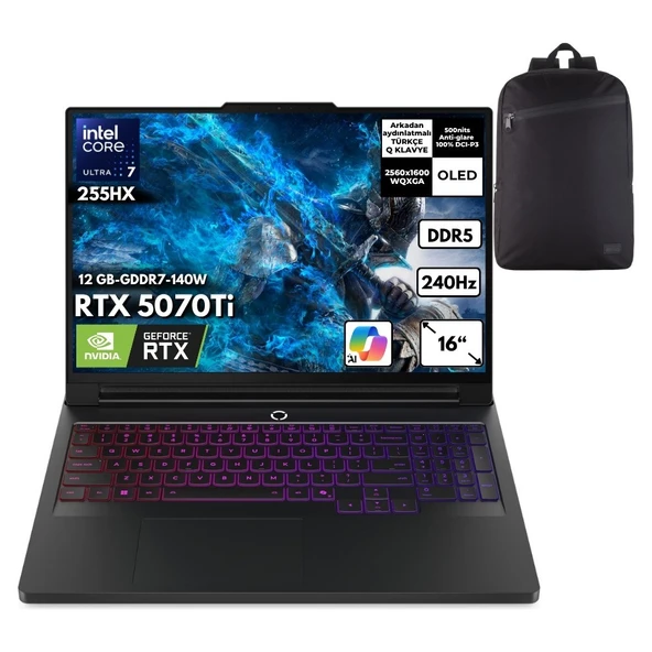 Lenovo Legion Pro 7 16IAX10H Ultra 7-255HX 64-Gbddr5 2 Tbssd RTX5070TI (12 GB-GDDR7-140W) 16" Wqxga OLED 240Hz Windows 11 Pro + Hmf Sırt Çantası 83F500J8TRHMF3 ürün görseli 1