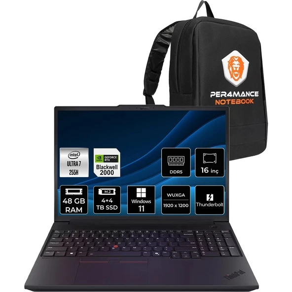 Lenovo Thinkpad P16V Gen 3 Core Ultra 7 255H İş İstasyonu 48GB RAM 4TB SSD 16" FHD+ Win11 Pro + Per4 USB 21RS000BTXP444 ürün görseli 1