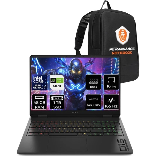 HP Omen 16 Core Ultra 7 255H RTX 5070 8GB 48GB RAM 1TB SSD 16" FHD+ 165Hz FreeDOS BQ1Y6EAPN328 Gaming Laptop + Per4 Çanta ürün görseli 1