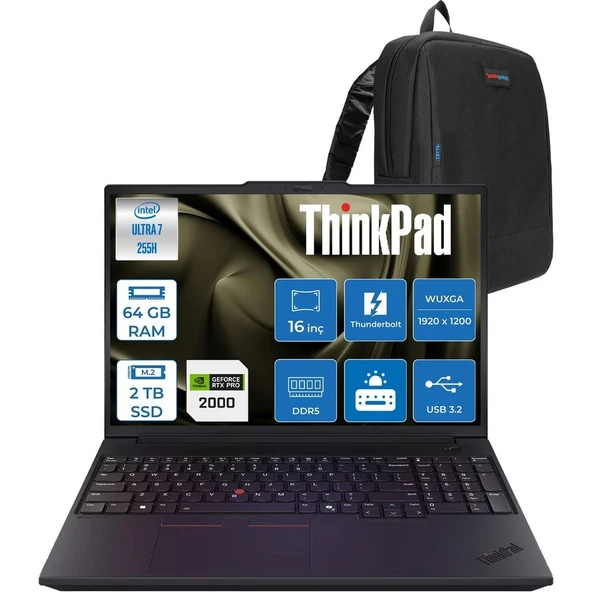 Lenovo Thinkpad P16V Gen3 Intel Core Ultra 7 255H 64GB 2tb SSD 8GB/RTXPRO2000 Blackwell 16" Wuxga IPS 400NITS 60Hz Wi-Fi7 Windows 11 Pro Taşınabilir Iş Istasyonu 21RS000BTXP23 + Zettaçanta ürün görseli 1