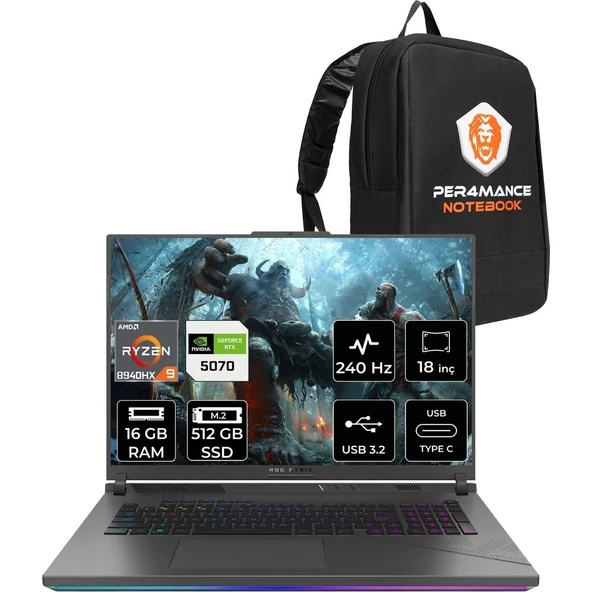 Asus Rog Strix G18 Ryzen 9 8940HX RTX 5070 8GB Gaming Laptop 16GB RAM 512GB SSD 18" QHD+ 240Hz FreeDOS + Per4 Çanta G814PPS9002P307 ürün görseli 1