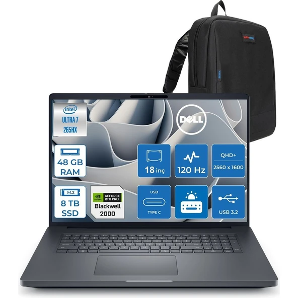 Dell Pro Max 18 Plus Ultra 7 265HX Ddr5 48GB 8tb SSD 8GB/RTXPRO2000 Gddr7 18" Qhd+ 2560X1600 120Hz 500NITS Wifi 7 + Bt5.4 Windows 11 Pro Kurumsal Iş Bilgisayarı MB18250X2F53 + Zettaçanta ürün görseli 1