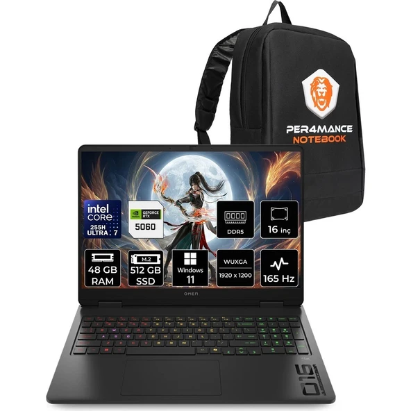 HP Omen Slim 16 Core Ultra 7 255H RTX 5060 8GB 48GB RAM 512GB SSD 16" FHD+ 165Hz Win11 Pro CK9L3EAPN427 Gaming Laptop + Per4 Çanta ürün görseli 1