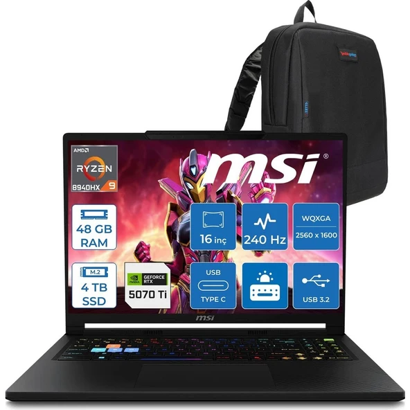 MSI Msı Raider 16 Hx B8WH-011TR Ryzen 9 8940HX Aı 48GB Ddr5 4tb SSD 12GB/RTX5070Tİ 140W 16" QHD+(2560X1600), 240Hz IPS 100% Dcı-P3 Freedos Gaming Laptop MSW011TRF23+ZETTAÇANTA ürün görseli 1
