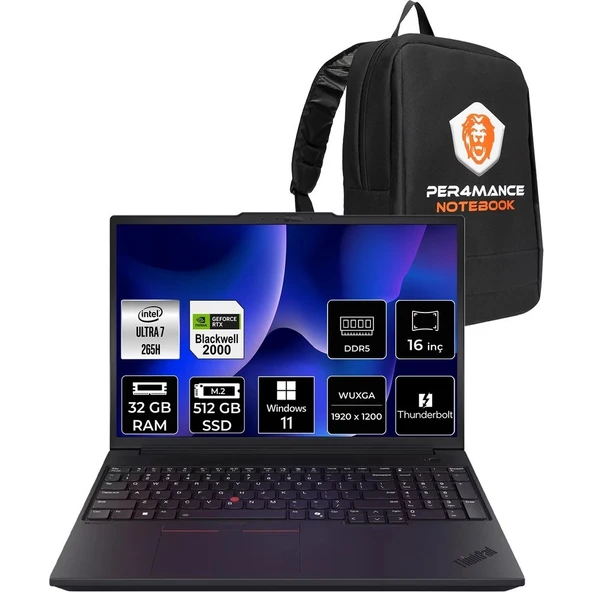 Lenovo Thinkpad P16V Gen 3 Core Ultra 7 265H İş İstasyonu 32GB RAM 512GB SSD 16" FHD+ Win11 Pro + Per4 USB 21RTS1EA00P428 ürün görseli 1