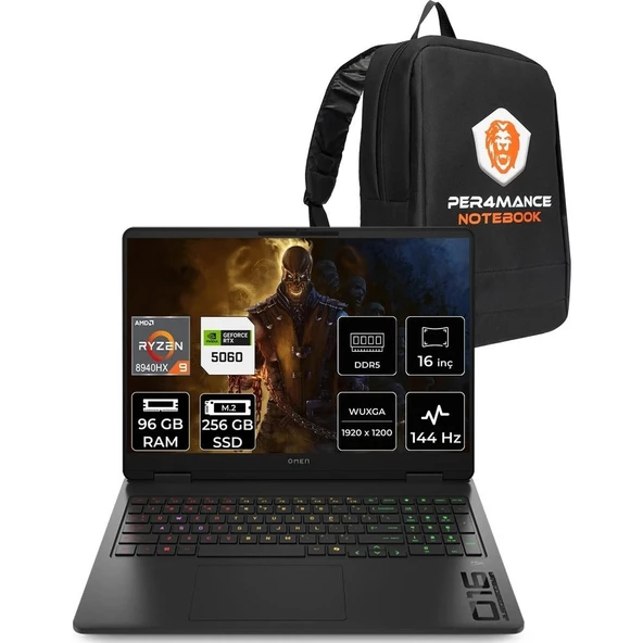 HP Omen 16 Ryzen 9 8940HX RTX 5060 8GB 80GB RAM 4TB SSD 16" FHD+ 144Hz FreeDOS C3YN8EAPN340 Gaming Laptop + Per4 Çanta ürün görseli 1