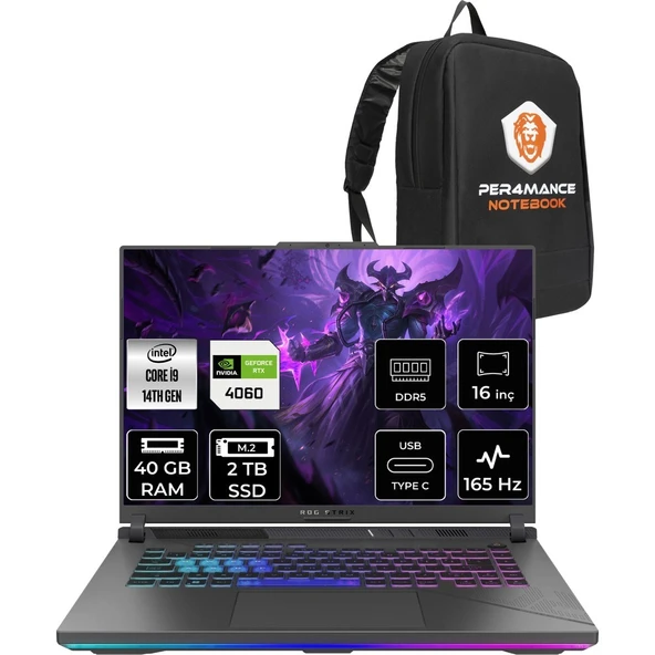 Asus Rog Strix G16 i9 14900HX RTX 4060 Gaming Laptop 40GB RAM 2TB SSD 16" FHD+ 165Hz FreeDOS + Per4 Çanta N3117P324 ürün görseli 1