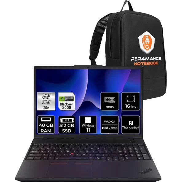 Lenovo Thinkpad P16V Gen 3 Core Ultra 7 265H İş İstasyonu 40GB RAM 512GB SSD 16" FHD+ Win11 Pro + Per4 USB 21RTS1EA00P434 ürün görseli 1
