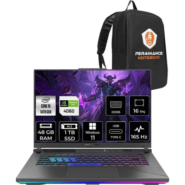 Asus Rog Strix G16 i9 14900HX RTX 4060 Gaming Laptop 48GB RAM 1TB SSD 16" FHD+ 165Hz Win11 Pro + Per4 Çanta N3117P408 ürün görseli 1