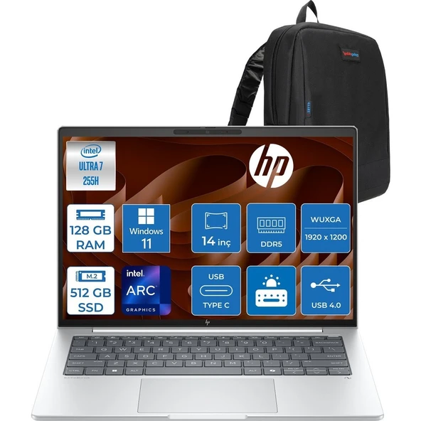 HP Elitebook 8G1I Intel Ultra7 255H 128GB Ddr5 512GB SSD Intel® Arc™ 140T Gpu Wuxga (1920X1200) IPS 300NIT WIN11PRO Taşınabilir Bilgisayar AD3S5ETP37+ZETTAÇANTA ürün görseli 1
