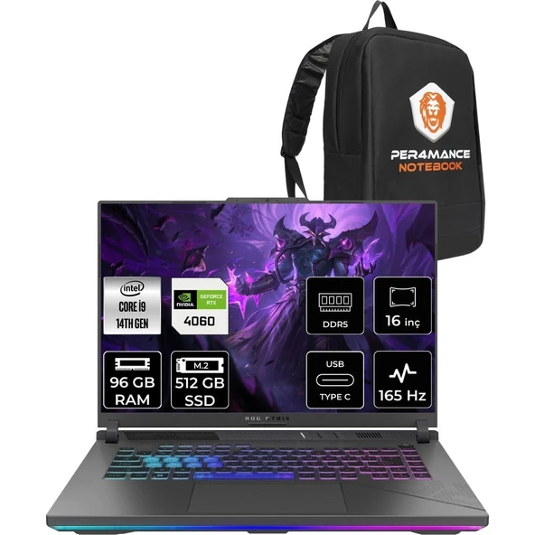 Asus Rog Strix G16 i9 14900HX RTX 4060 Gaming Laptop 96GB RAM 512GB SSD 16" FHD+ 165Hz FreeDOS + Per4 Çanta N3117P337 ürün görseli 1