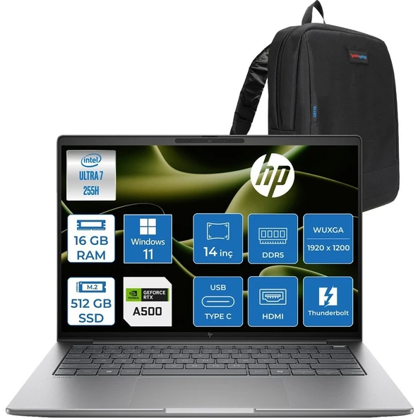 HP Zbook 8 G1I Intel Core Ultra 7 255H 16GB Ddr5 512GB SSD 4GB/RTXA500 14" Wuxga Düşük Mavi Işık 300NIT %62,5 Srgb Windows 11 Pro Taşınabilir Iş Istasyonu B30HBESP01 + Zettaçanta ürün görseli 1