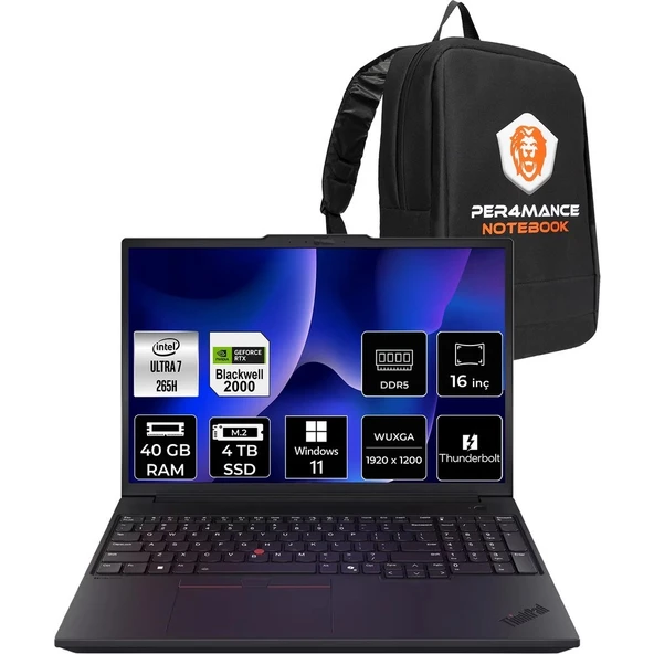 Lenovo Thinkpad P16V Gen 3 Core Ultra 7 265H İş İstasyonu 40GB RAM 4TB SSD 16" FHD+ Win11 Pro + Per4 USB 21RTS1EA00P437 ürün görseli 1
