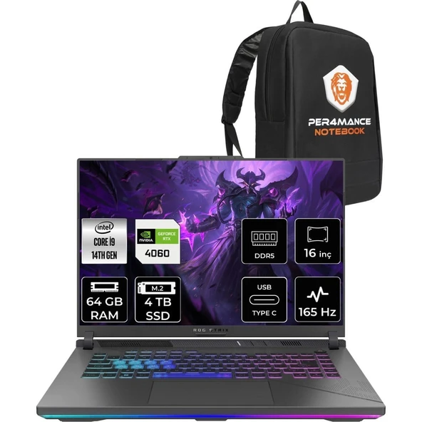 Asus Rog Strix G16 i9 14900HX RTX 4060 Gaming Laptop 64GB RAM 4TB SSD 16" FHD+ 165Hz FreeDOS + Per4 Çanta N3117P335 ürün görseli 1