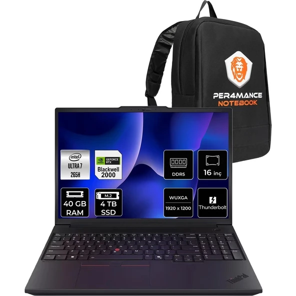Lenovo Thinkpad P16V Gen 3 Core Ultra 7 265H İş İstasyonu 40GB RAM 4TB SSD 16" FHD+ FreeDOS + Per4 USB 21RTS1EA00P329 ürün görseli 1