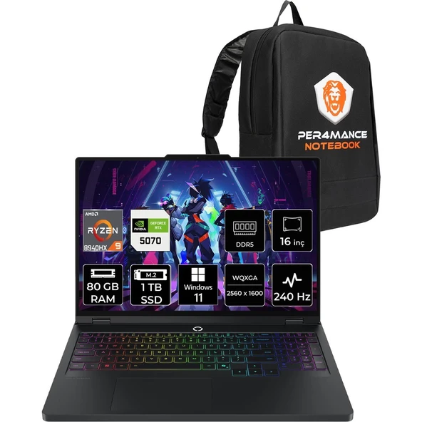 Lenovo Legion Pro 5 Ryzen 9 8940HX RTX 5070 8GB Gaming Laptop 80GB RAM 1TB SSD 16" QHD+ 240Hz Win11 Pro + Per4 Çanta 83LT0046TRP465 ürün görseli 1